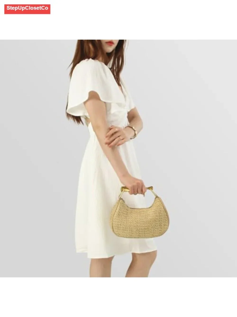 Handmade Woven Straw Boho Hobo Tote Handbag with Metal Handle